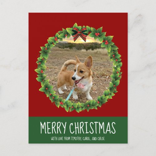 Merry Christmas Wreath Cute Custom Dog Photo Red Postcard
