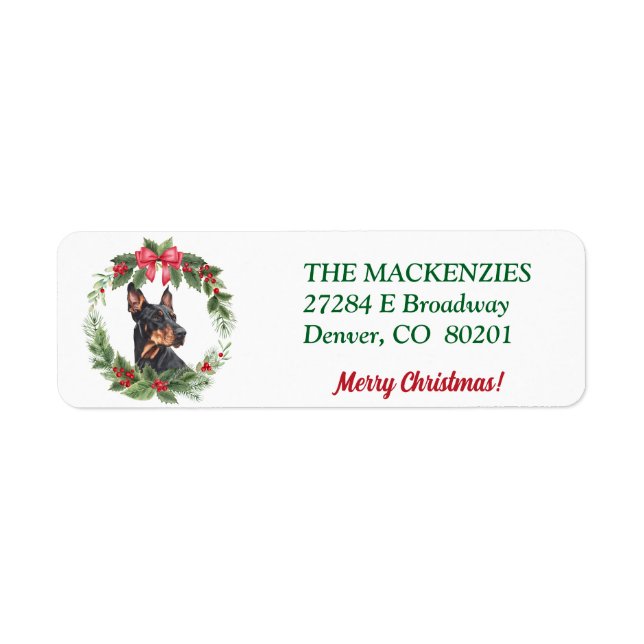 Merry Christmas Wreath Doberman Return Address Label (Front)