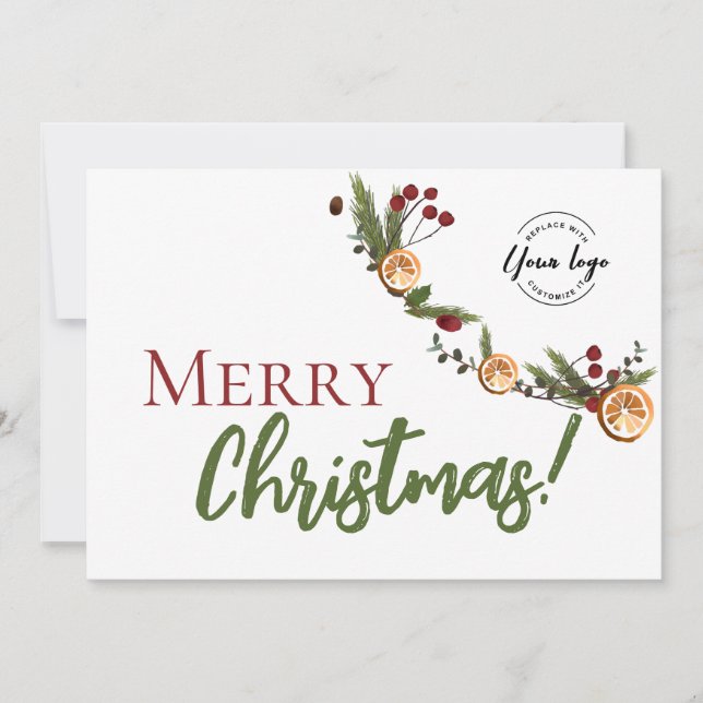 Merry Christmas Wreath dried Oranges Business Logo Holiday Card (Front)