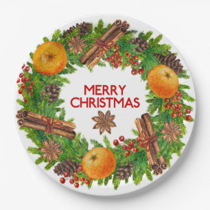 Merry Christmas Wreath Evergreen Watercolor Fruit Paper Plates