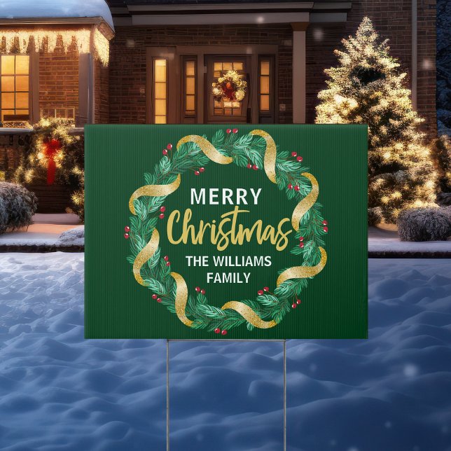 Merry Christmas Wreath Family Custom Green Yard Sign (Creator Uploaded)