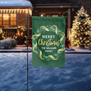 Merry Christmas Wreath Family Customized Green Garden Flag