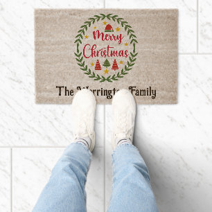 Merry Christmas Wreath Family Name DIY Colors Fiber Doormat