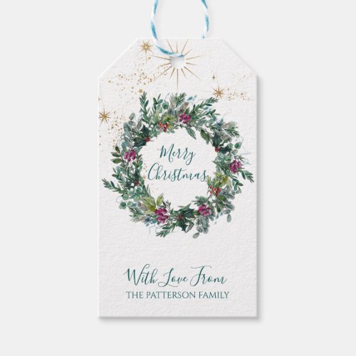 Merry Christmas Wreath Family Name Gift Tags