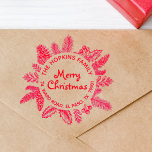 Merry Christmas Wreath Family Name Return Address Self-inking Stamp