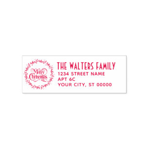 Merry Christmas Wreath Family Name Return Address Self-inking Stamp