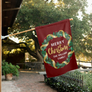 Merry Christmas Wreath Family Personalized Red House Flag