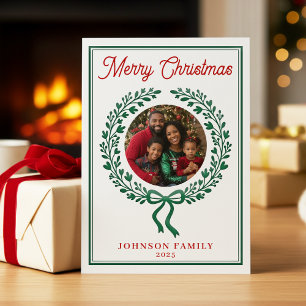 Merry Christmas Wreath Family Photo Letterpress Photo Cards