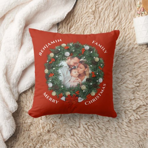 Merry Christmas Wreath Family Photo Personalize  Throw Pillow