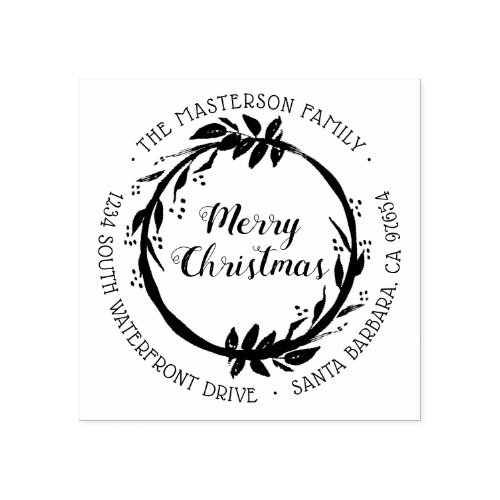 Merry Christmas Wreath Family Return Address Rubber Stamp