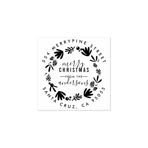 Merry Christmas  Wreath Family Return Address Rubber Stamp