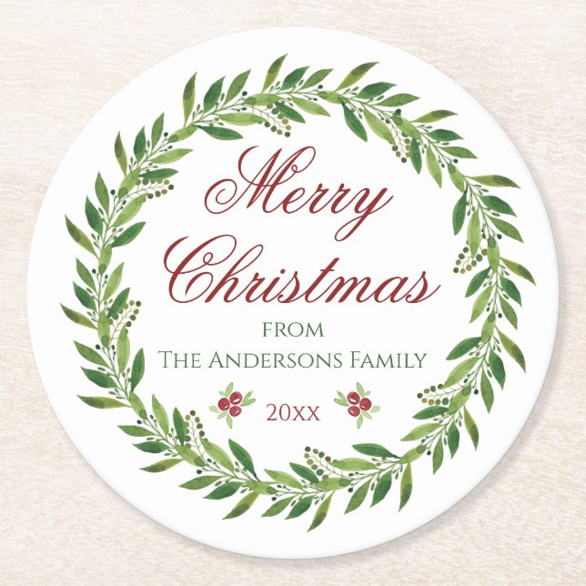 Merry Christmas Wreath Family  Round Paper Coaster (Front)