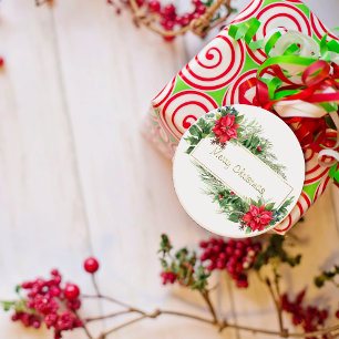 Merry Christmas Wreath Framed Winter Red Greeting Classic Round Sticker