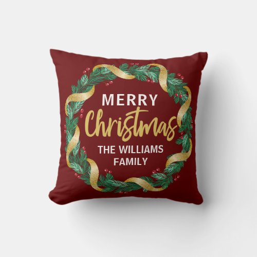 Merry Christmas Wreath Gold Family Monogram Red Throw Pillow