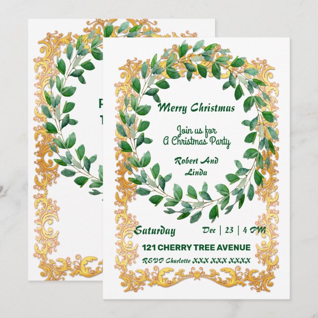 Merry Christmas Wreath Gold Frame Party Invitation (Front/Back)