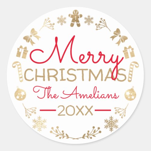 Merry Christmas Wreath Gold Red Name Cottage White Classic Round Sticker