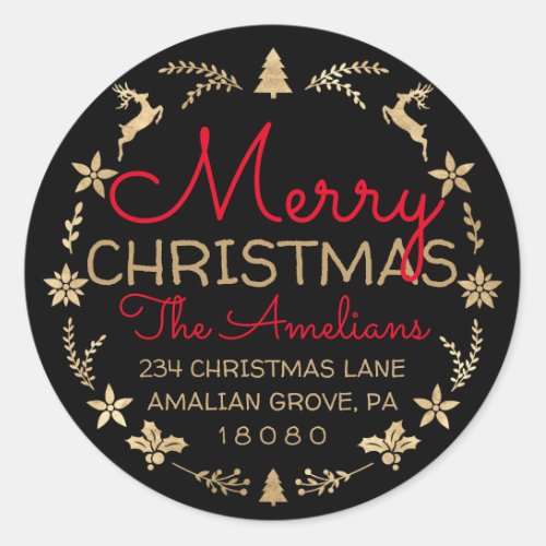 Merry Christmas Wreath Gold Rustic RSVP Black Classic Round Sticker