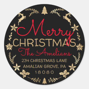 Merry Christmas Wreath Gold Rustic RSVP Black Classic Round Sticker