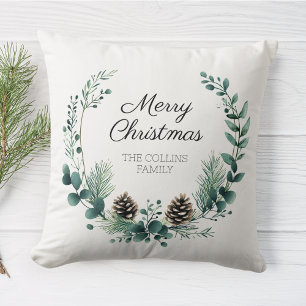 Merry Christmas Wreath Green Pine Cone Farmhouse Throw Pillow