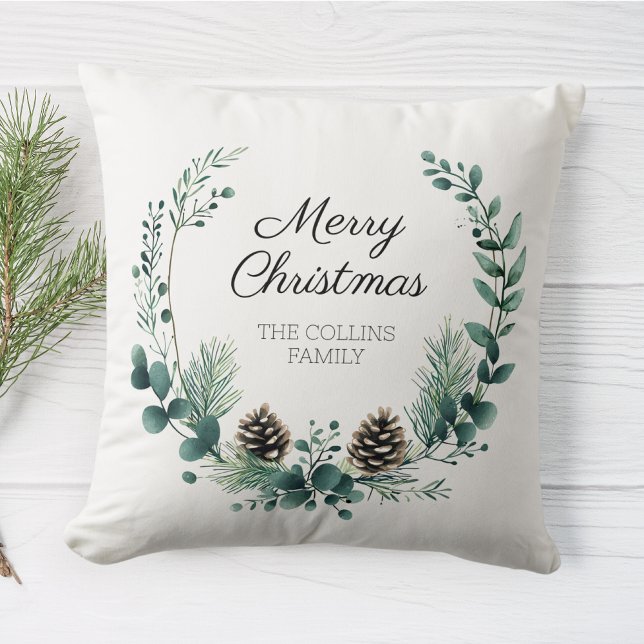 Merry Christmas Wreath Green Pine Cone Farmhouse Throw Pillow (Creator Uploaded)