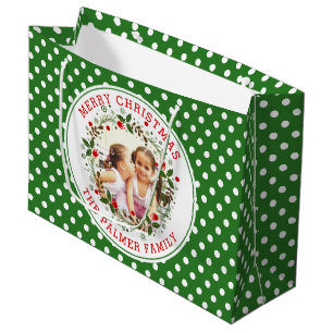 Merry Christmas, wreath, green polka dots photo Large Gift Bag