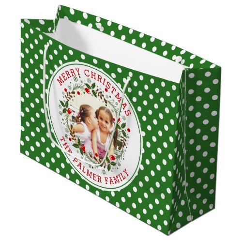 Merry Christmas wreath green polka dots photo Large Gift Bag