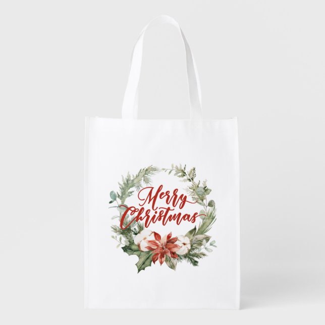 Merry Christmas Wreath Grocery Bag (Front)