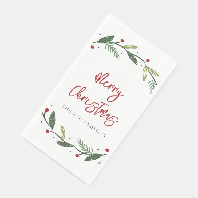 Merry Christmas Wreath Hand-Lettered Holiday Paper Guest Towels (Corner)