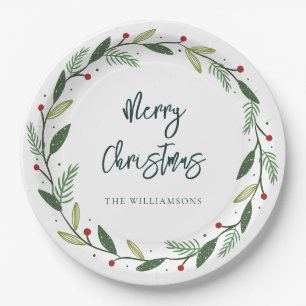 Merry Christmas Wreath Hand-Lettered Holidays Paper Plates