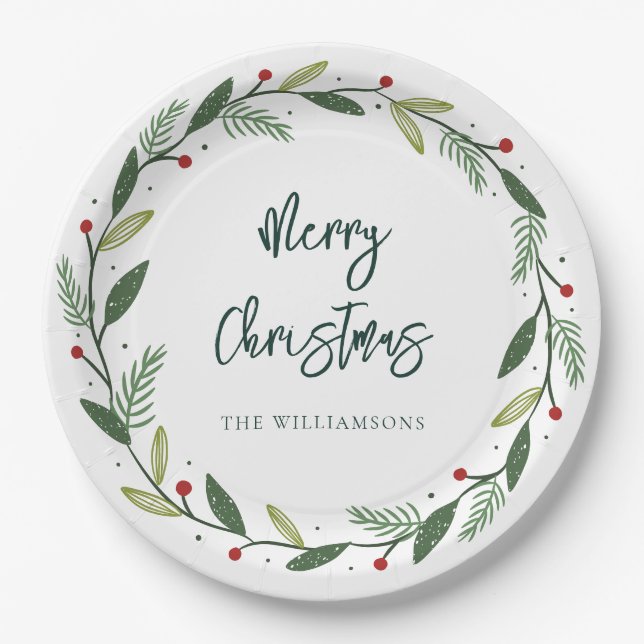 Merry Christmas Wreath Hand-Lettered Holidays Paper Plates (Front)