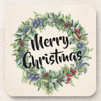 Merry Christmas - Wreath - Hand Painted Watercolor Beverage Coaster