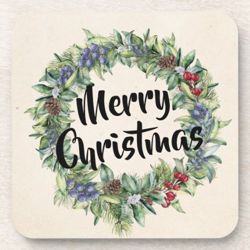 Merry Christmas _ Wreath _ Hand Painted Watercolor Beverage Coaster
