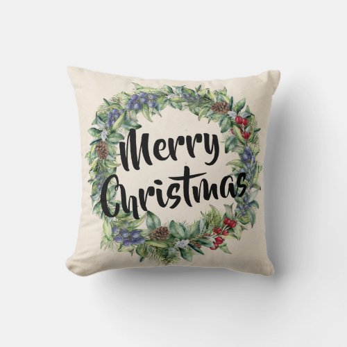 Merry Christmas _ Wreath _ Hand Painted Watercolor Throw Pillow