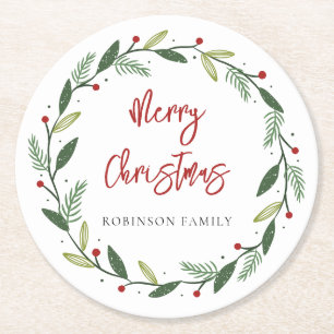 Merry Christmas Wreath Handwritten Family Festive Round Paper Coaster