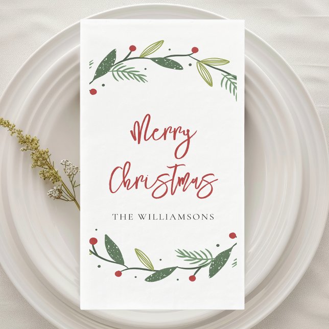 Merry Christmas Wreath Handwritten Holidays Paper Guest Towels (Merry Christmas Script Chic Paper Guest Towel)