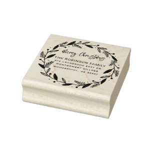 Merry Christmas Wreath Handwritten Return Address Rubber Stamp