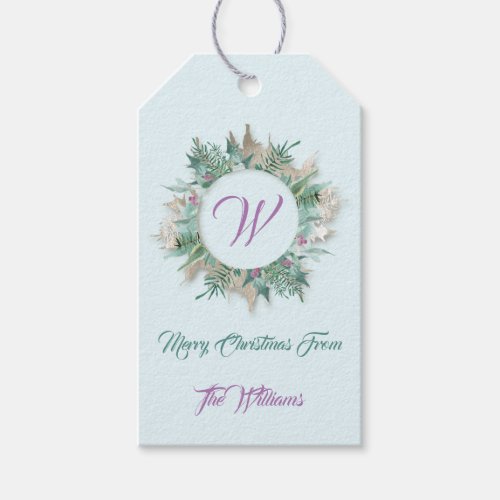 Merry Christmas Wreath Holiday Blue Belly Monogram Gift Tags