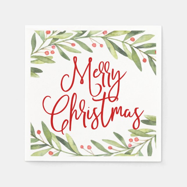 Merry Christmas Wreath Holiday Cocktail Party Napkins (Front)