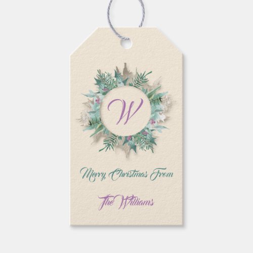 Merry Christmas Wreath Holiday Ivory BellyMonogram Gift Tags