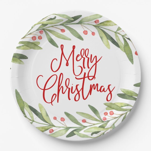 Merry Christmas Wreath Holiday Party Paper Plates (Front)