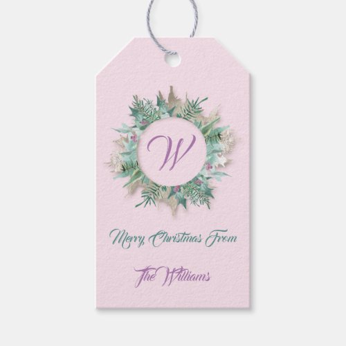 Merry Christmas Wreath Holiday Pink Belly Monogram Gift Tags