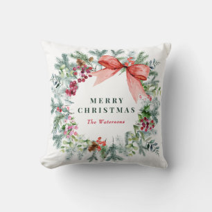 merry christmas wreath holiday  throw pillow