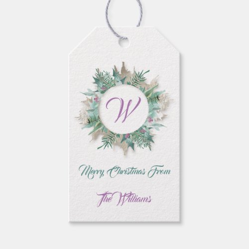 Merry Christmas Wreath Holiday White  Monogram Gift Tags