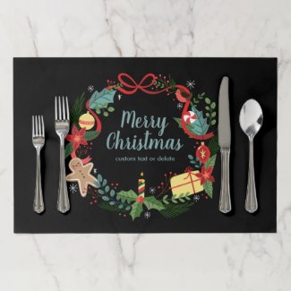 Merry Christmas Wreath Holly and Ornaments Custom Paper Placemat