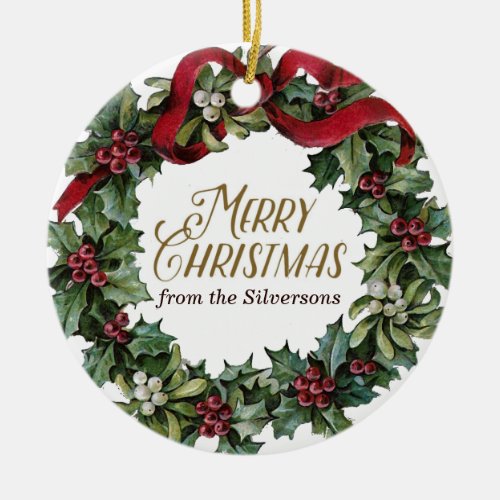 Merry Christmas Wreath Holly Mistletoe Customized Ceramic Ornament