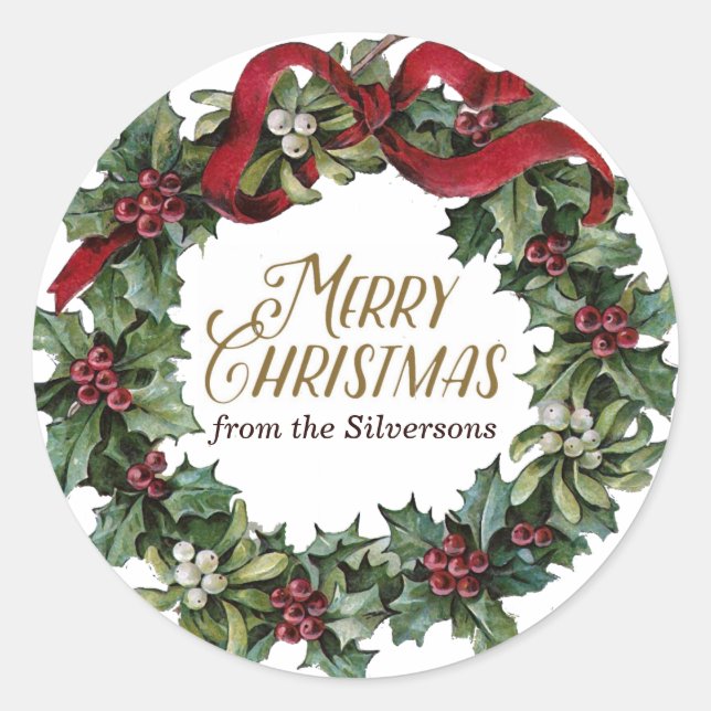 Merry Christmas Wreath Holly Mistletoe Customized Classic Round Sticker (Front)