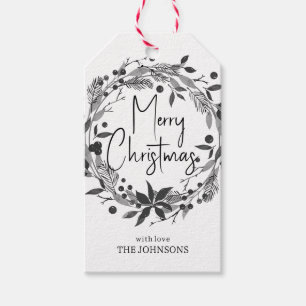 Merry Christmas Wreath Holly Script Black White Gift Tags