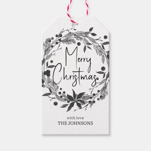 Merry Christmas Wreath Holly Script Black White   Gift Tags