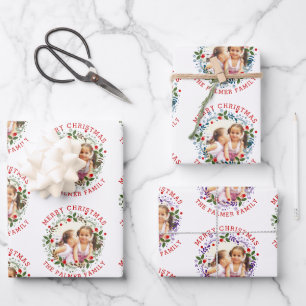 Merry Christmas wreath in red blue purple photo Wrapping Paper Sheets