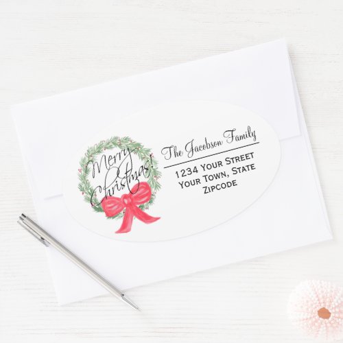 Merry Christmas Wreath Large Return Address Oval Sticker